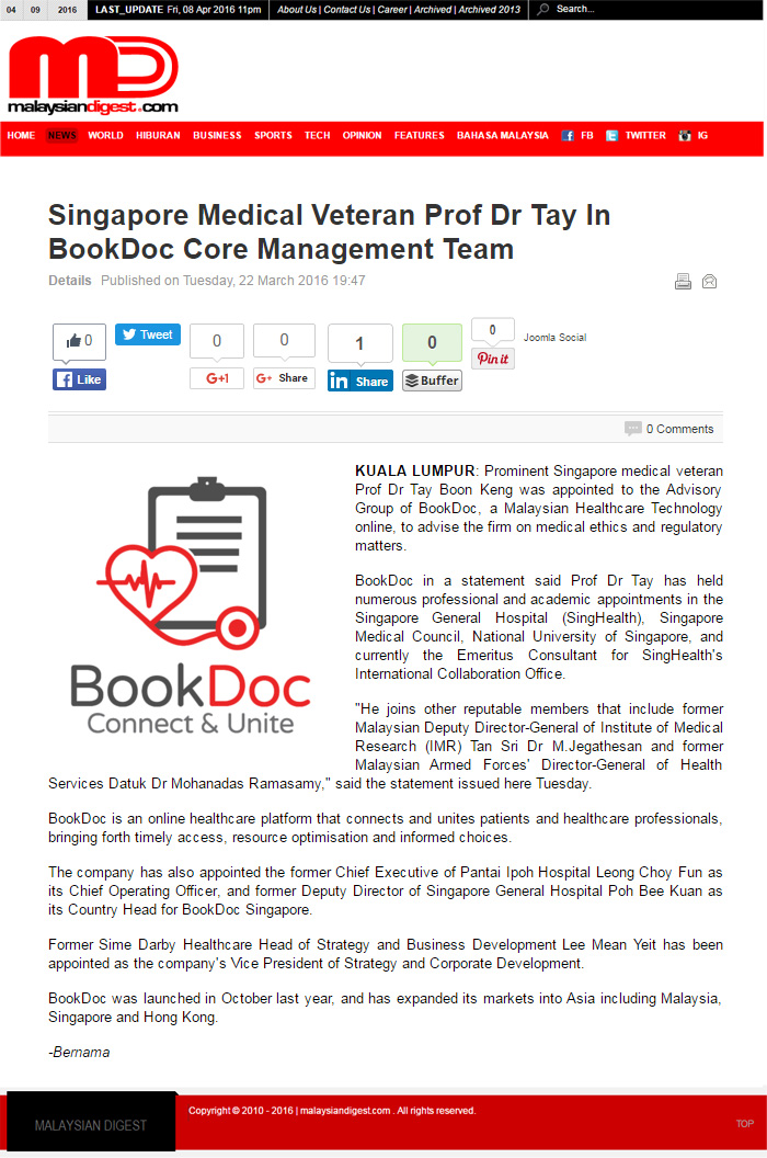 Singapore Medical Veteran Prof Dr Tay In BookDoc Core Management Team
