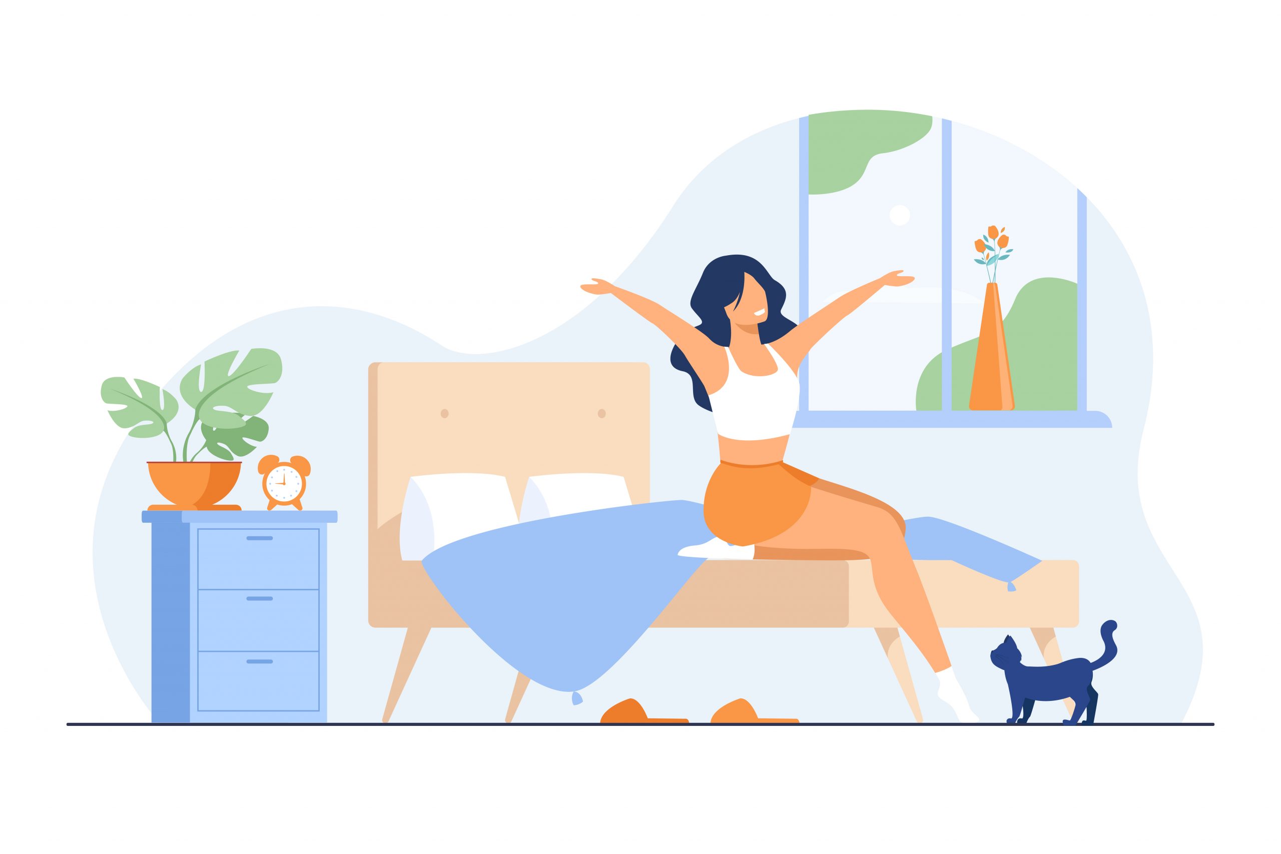 Happy young woman getting up and smiling Proper sleep will give you energetic wakes | BookDoc