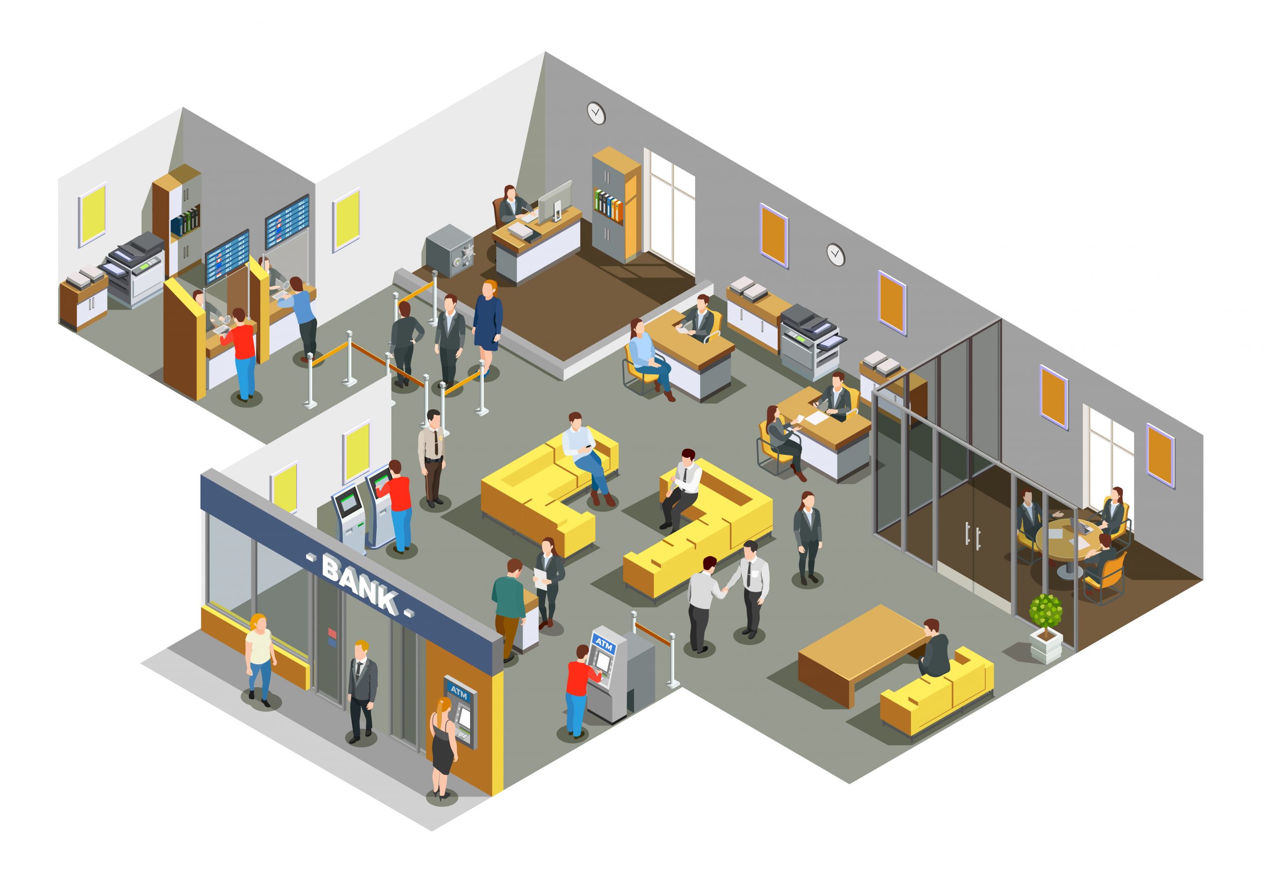 Bank Office Interior Isometric Composition Safety and Health at Work | BookDoc