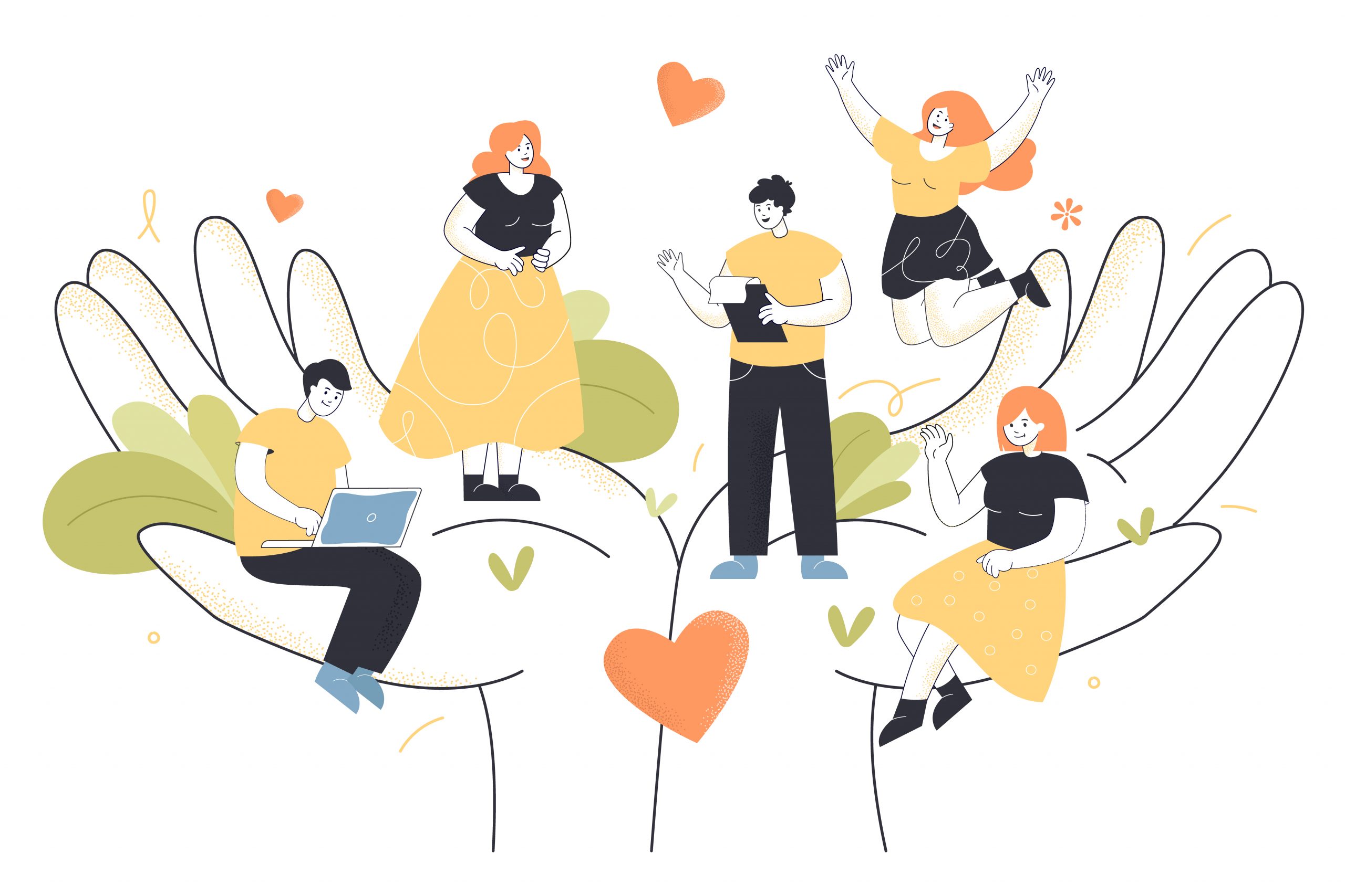 Tiny office employees working in abstract caring hands happy colleagues | positive workplace environment | BookDoc