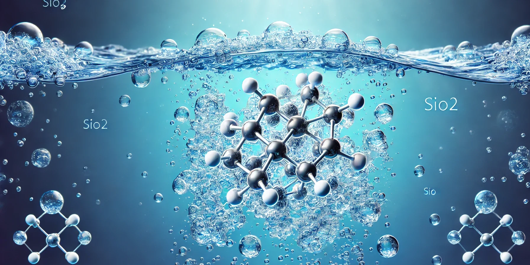 DALL·E 2024-10-12 09.16.42 – A detailed illustration of a silicon dioxide (SiO2) molecule dissolving in water against a blue background. The water should appear clear and fresh, w Silica molecule | Experience the Power of Silica: What it is and its Benefits - BookDoc