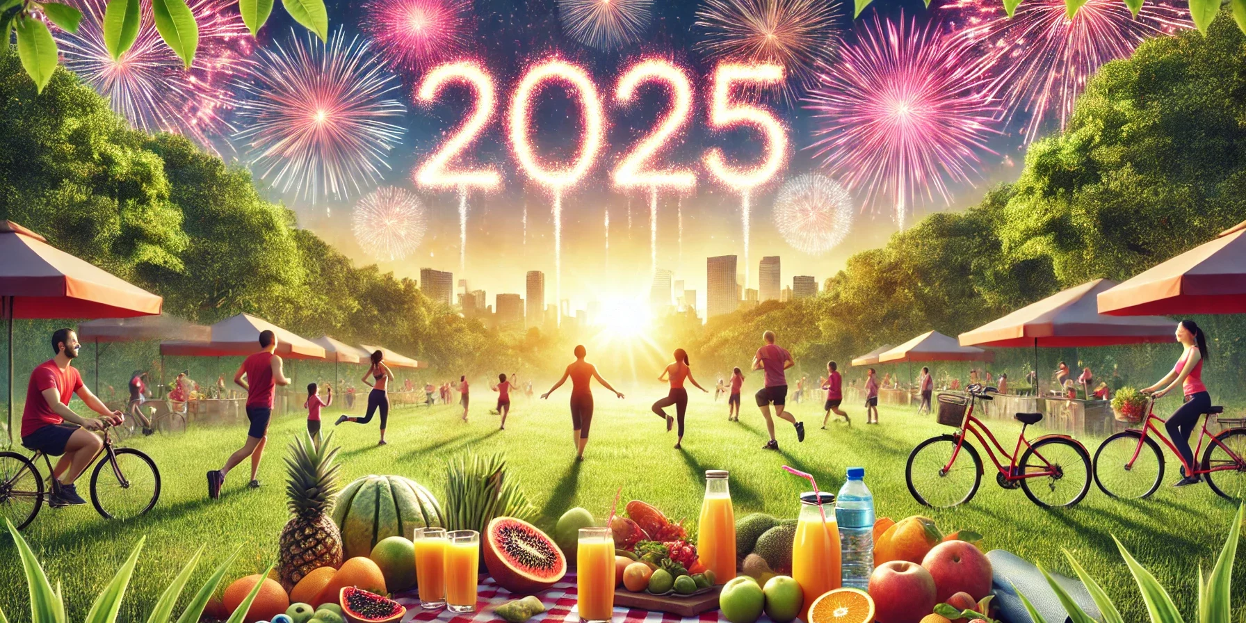 DALL·E 2024-12-26 17.37.55 – An inspiring New Year 2025 scene emphasizing healthy living. The image showcases a sunrise in a lively park with ‘2025’ written in vibrant fireworks i