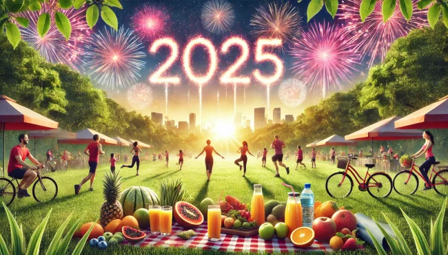DALL·E 2024-12-26 17.37.55 – An inspiring New Year 2025 scene emphasizing healthy living. The image showcases a sunrise in a lively park with ‘2025’ written in vibrant fireworks i