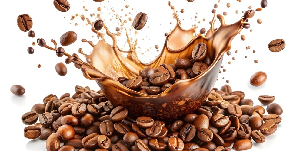 Coffee,Splash,With,Coffee,Beans,On,White,Background