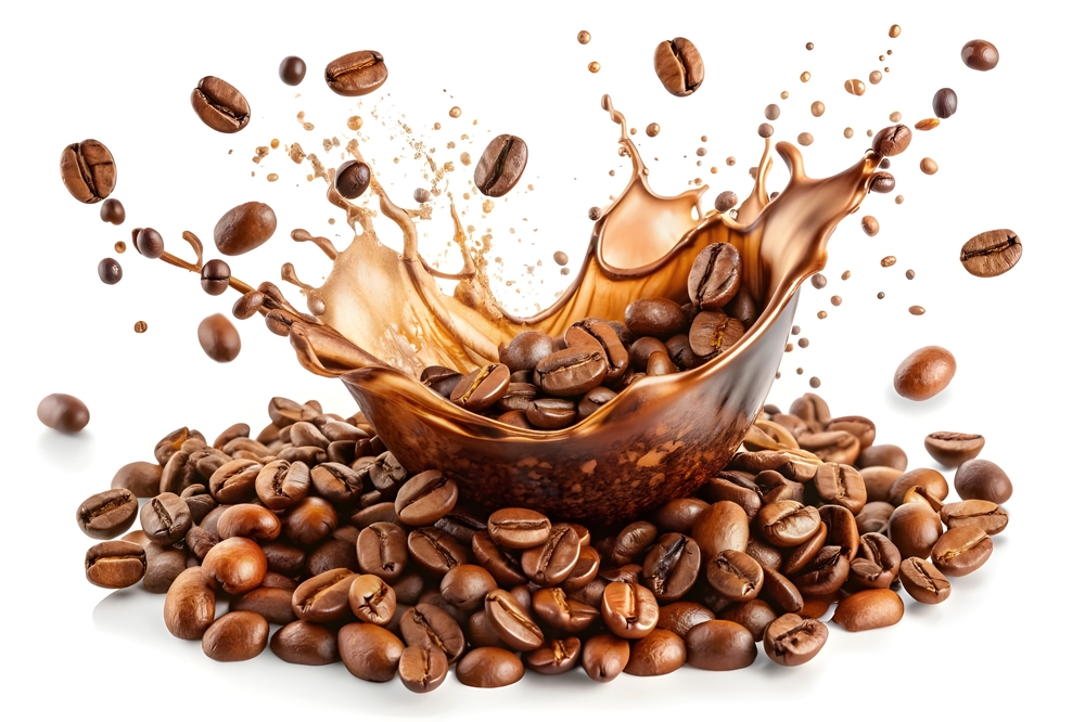 Coffee,Splash,With,Coffee,Beans,On,White,Background